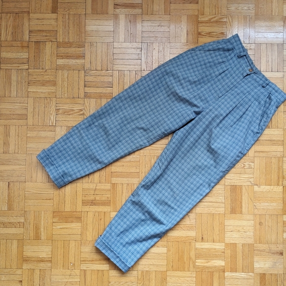 Vintage Pants - Grey Plaid High Waist Trousers